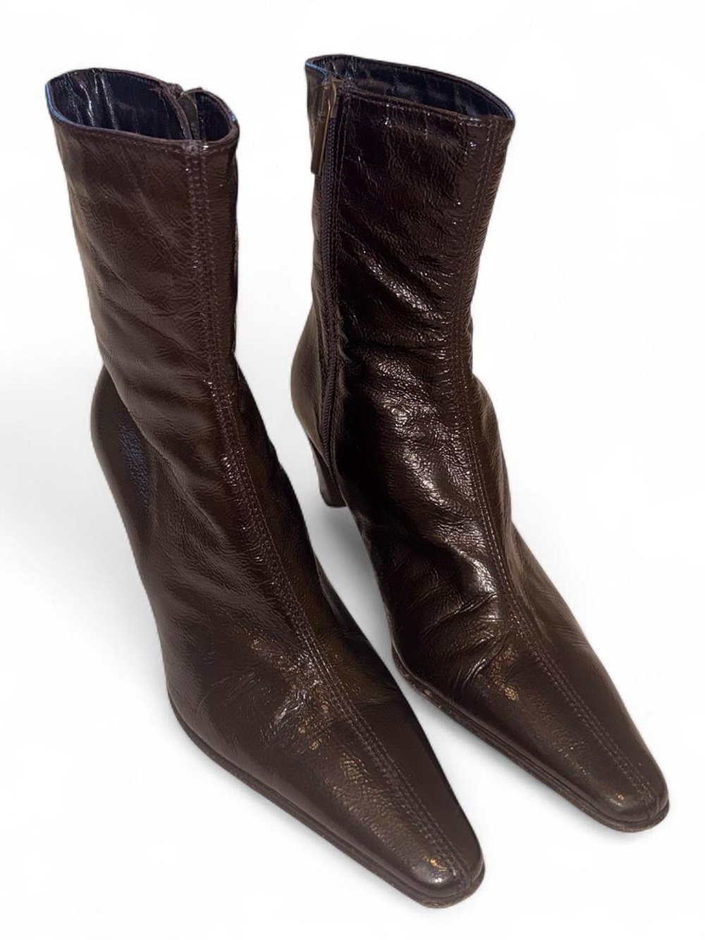 Aquatalia Brown Patent Leather Mid-Heel Ankle Boots - 8.5
